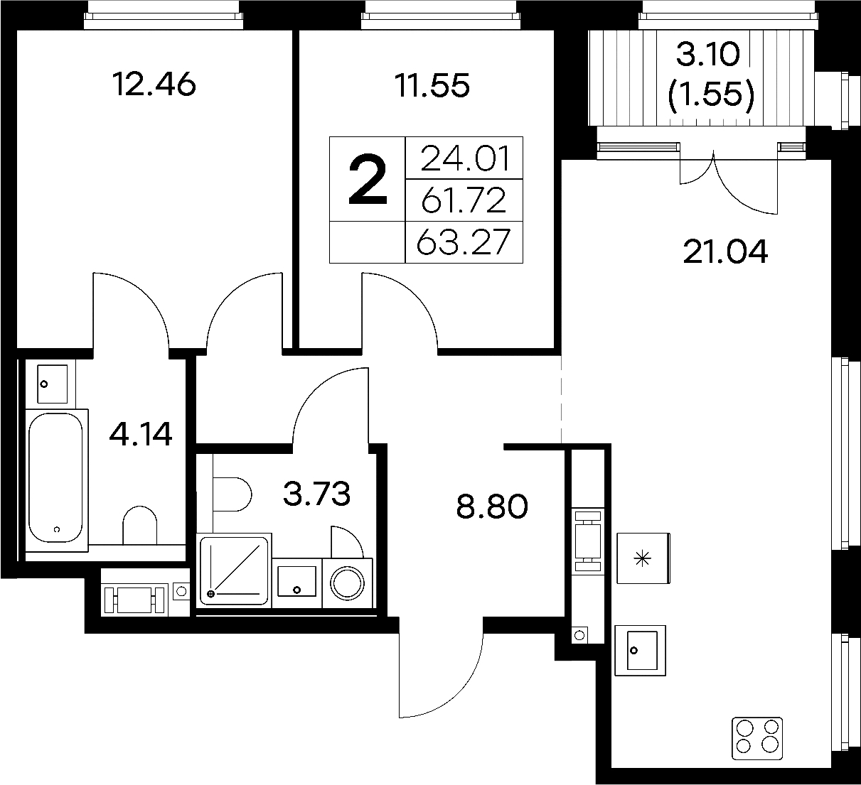 2-комнатная квартира 63.27 м², 3/6 эт., ЖК «Glorax City Василеостровский»
